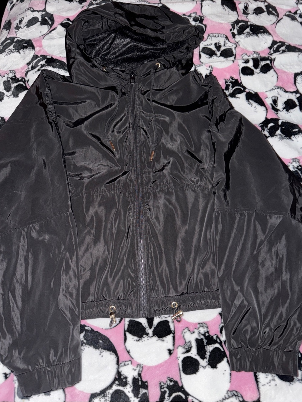 Women's Hooded Black Bomber Jacket with Drawcord Hem